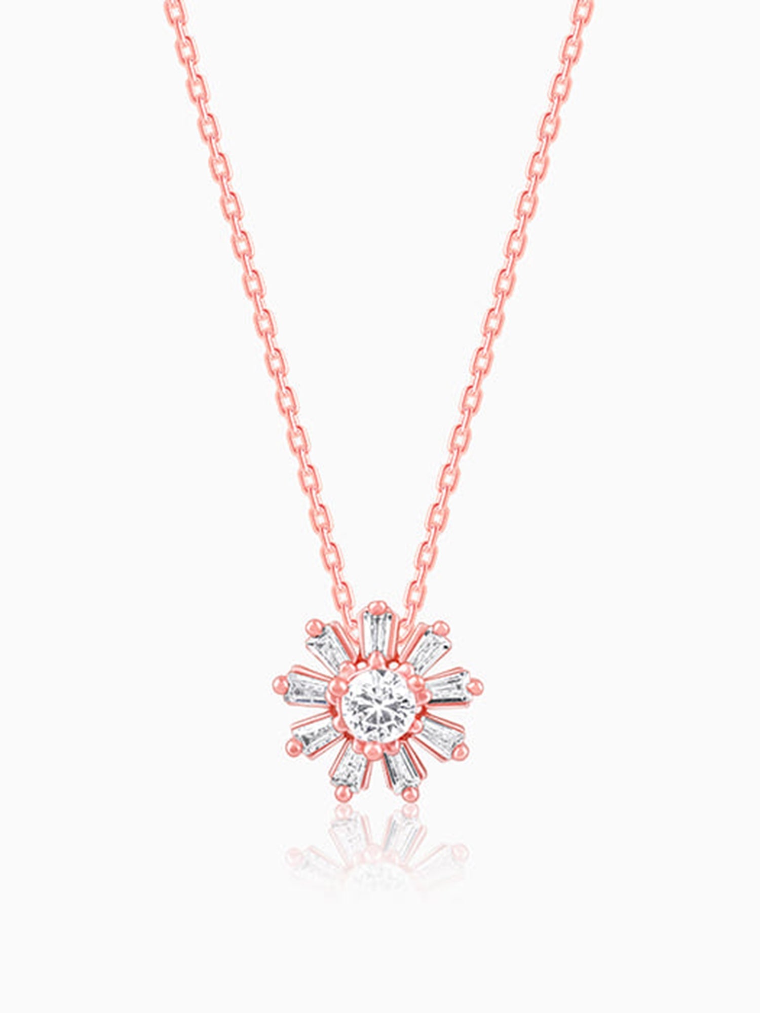 Rose Gold Baguette Flower Pendant with Link Chain