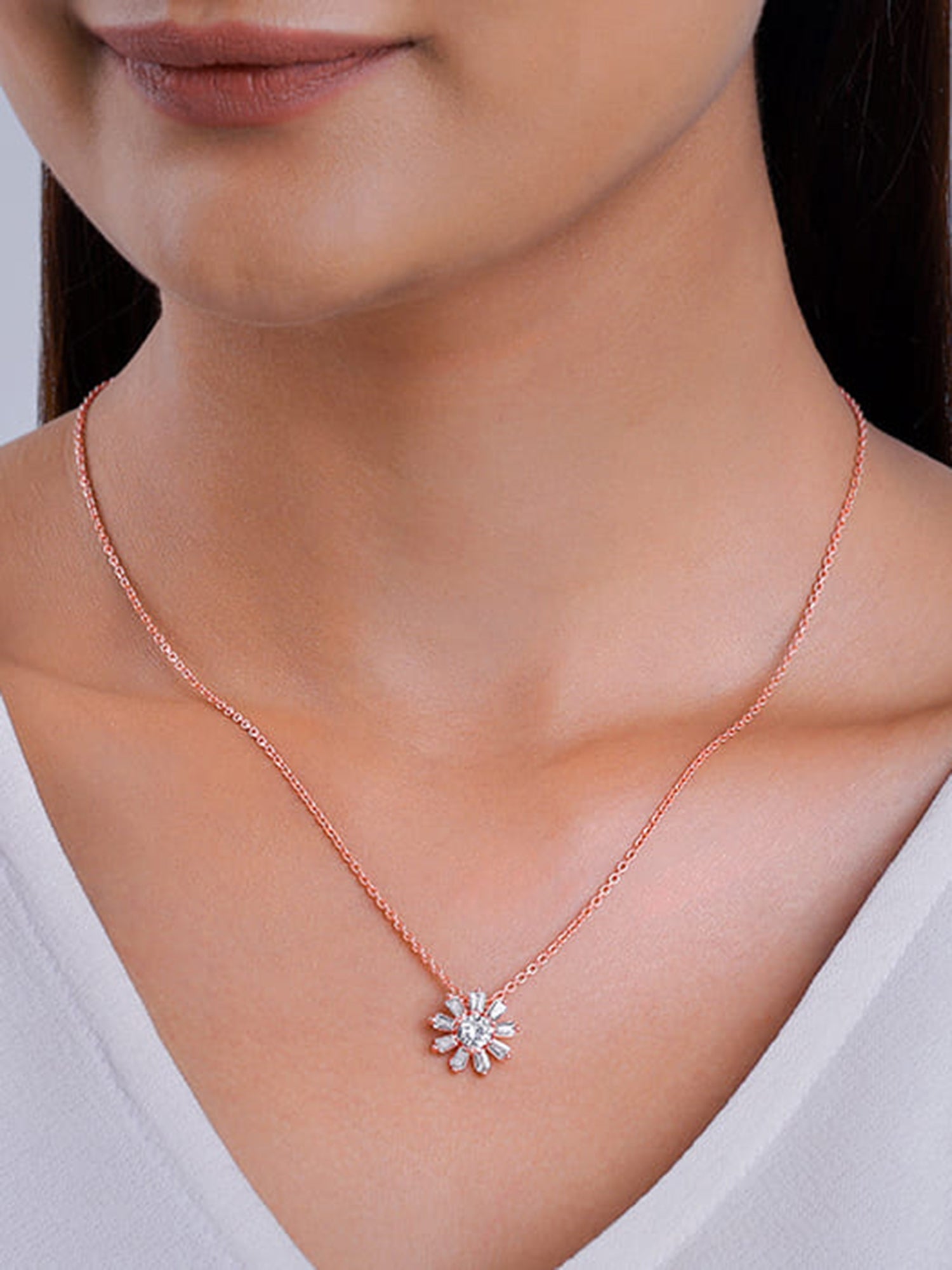 Rose Gold Baguette Flower Pendant with Link Chain