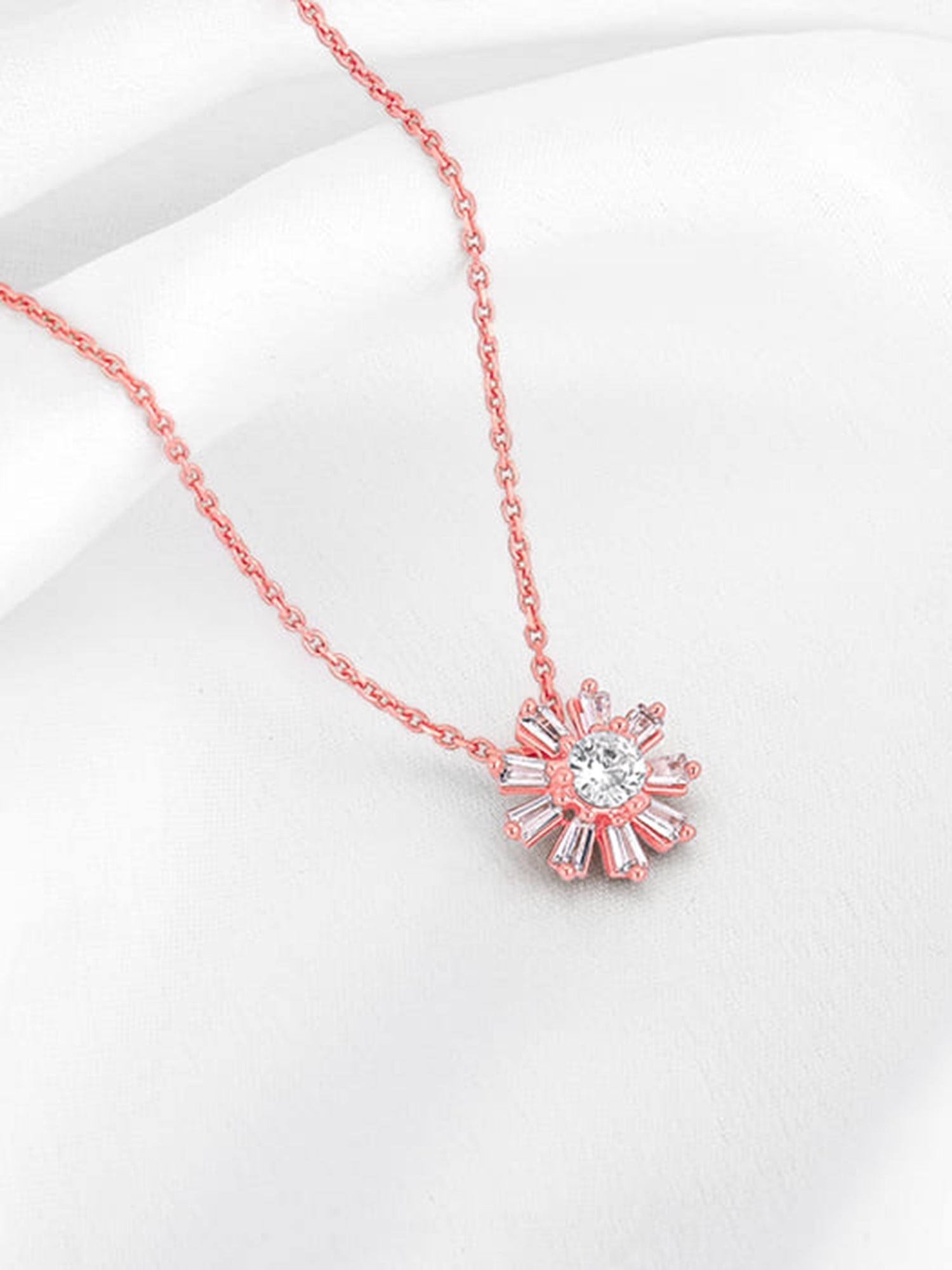Rose Gold Baguette Flower Pendant with Link Chain