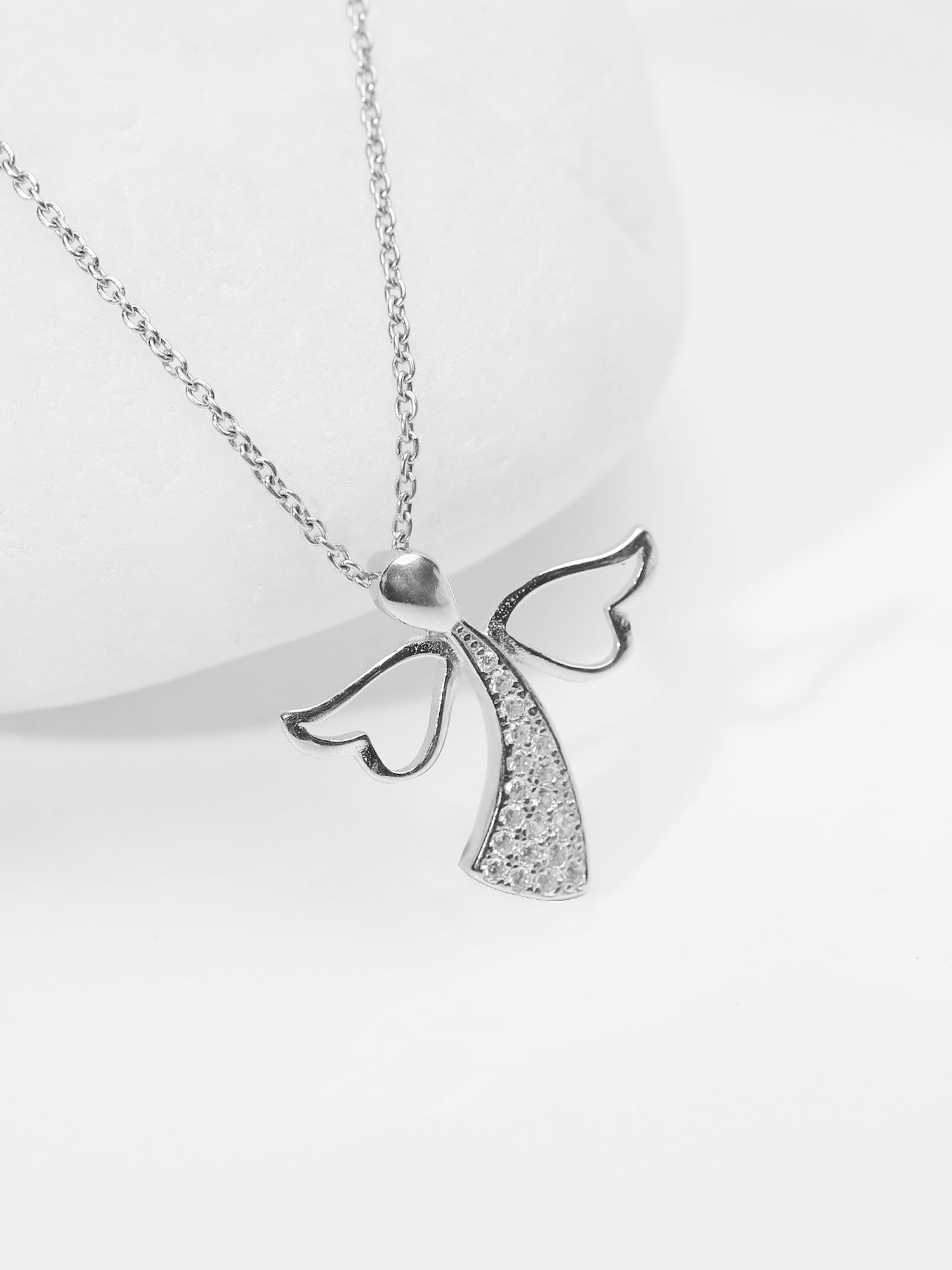Silver Zircon Angel Pendant with Link Chain
