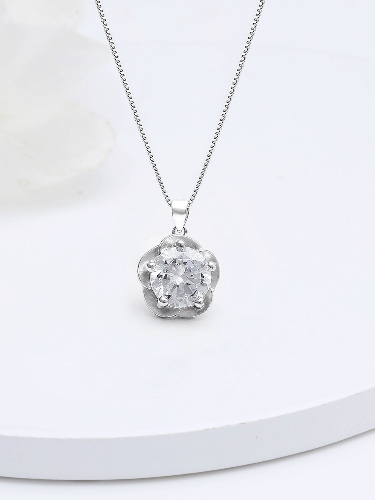 Silver Zircon Mini Flower Pendant with Box Chain