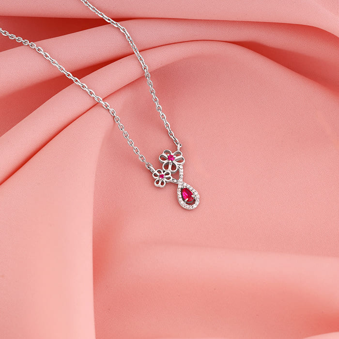 Silver Floral Drop Pendant With Link Chain