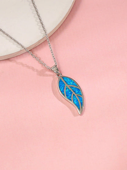 Silver Mystic Blue Leaf Pendant with Link Chain