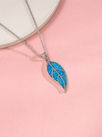 Silver Mystic Blue Leaf Pendant with Link Chain