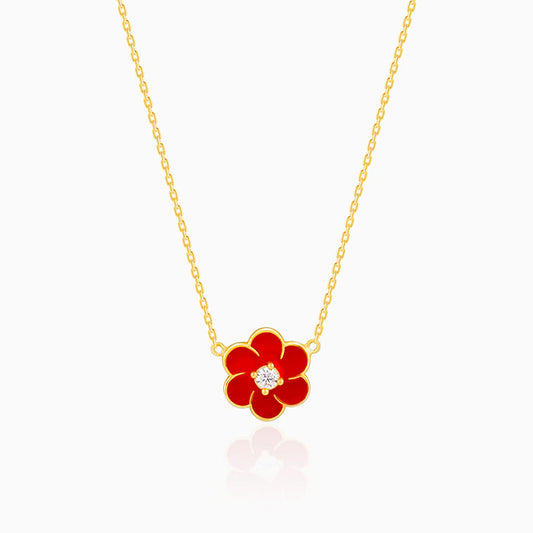 Golden Red Flower Power Pendant with Link  Chain