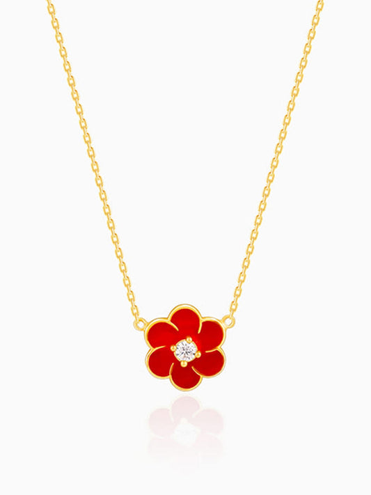 Golden Red Flower Power Pendant with Link  Chain