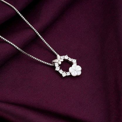 Silver Floral Butterfly Pendant With Link Chain