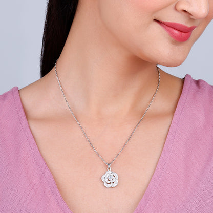 Silver Shining Rose Pendant With Link Chain