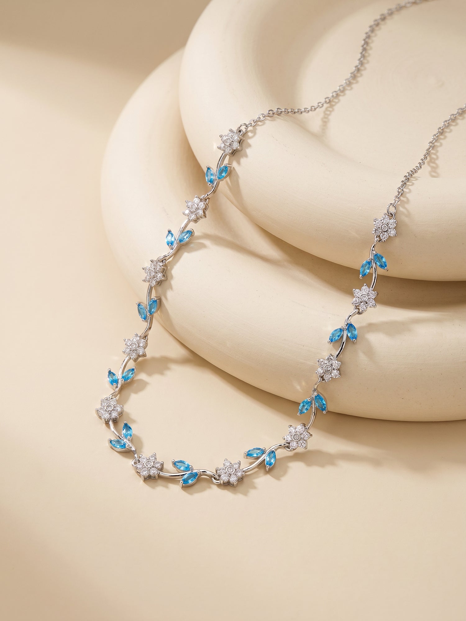 Silver Aqua Blue Floral Necklace
