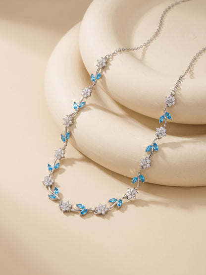 Silver Aqua Blue Floral Necklace