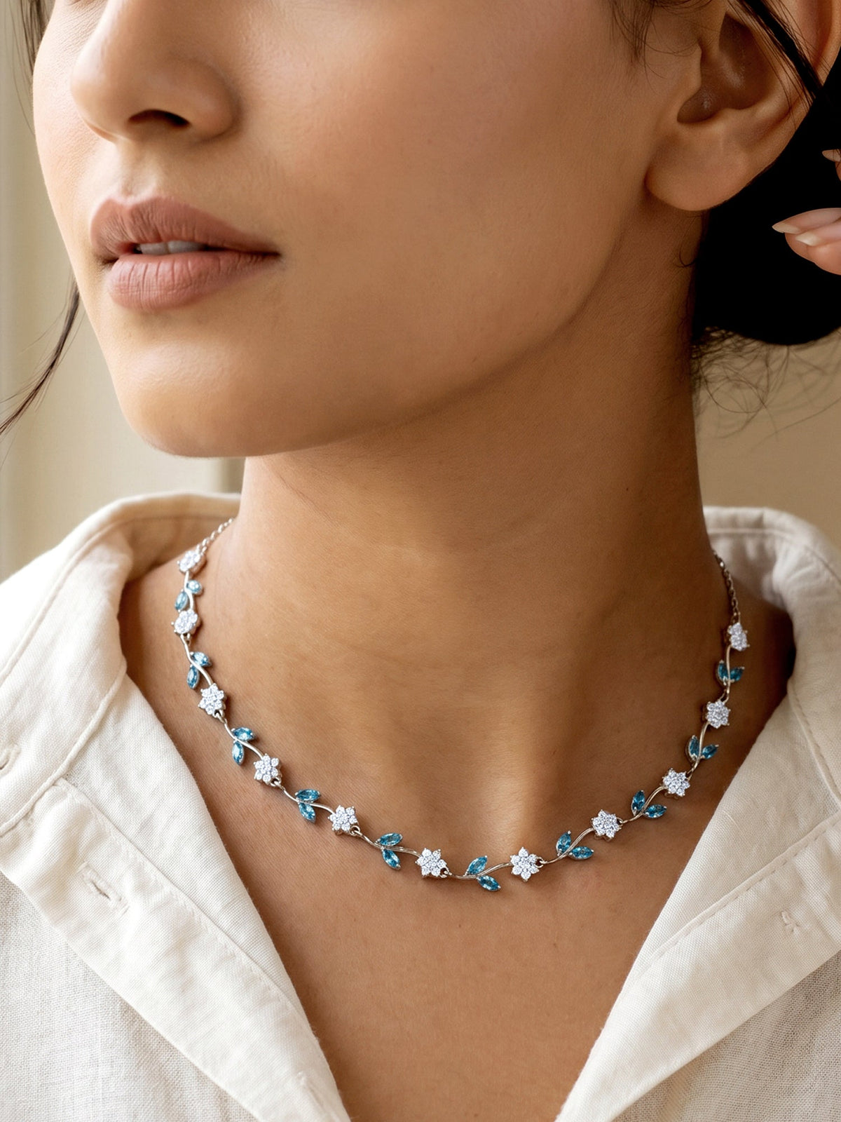 Silver Aqua Blue Floral Necklace
