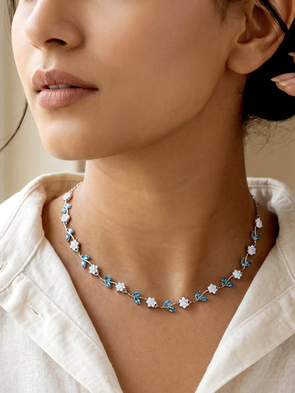 Silver Aqua Blue Floral Necklace