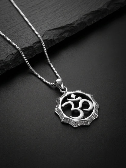 Silver Graceful Om Pendant With Box Chain For Him