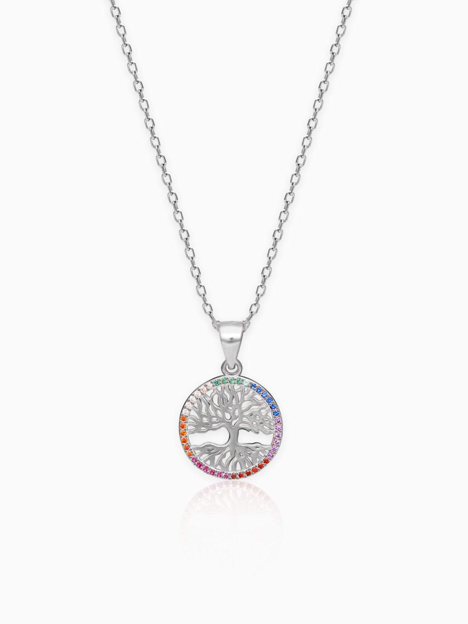 Silver Rainbow Tree of Life Pendant with Link Chain