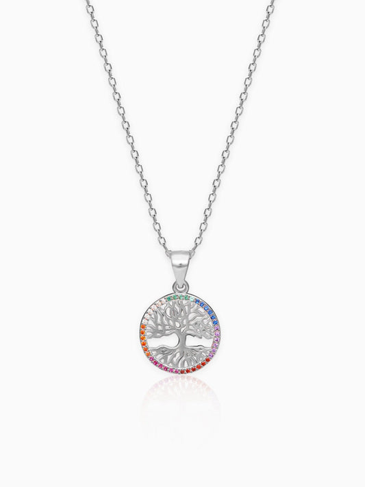 Silver Rainbow Tree of Life Pendant with Link Chain