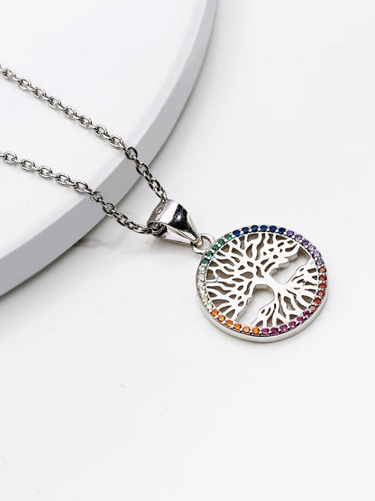 Silver Rainbow Tree of Life Pendant with Link Chain
