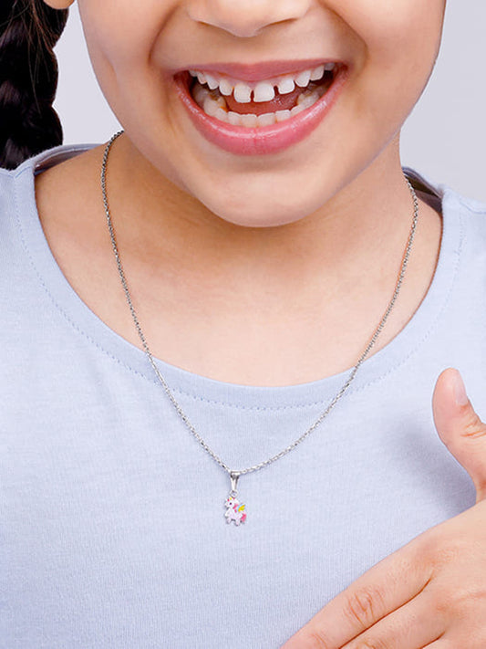 Silver Colourful Unicorn Kids Pendant With Link Chain (7-10 yrs)