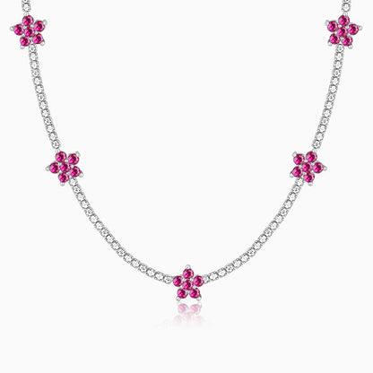 Silver Pink Floral Necklace