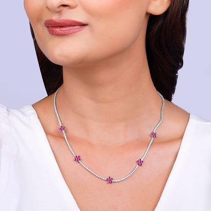 Silver Pink Floral Necklace