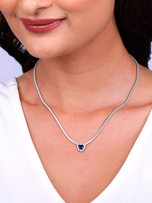 Silver Solitaire Blue Heart Necklace