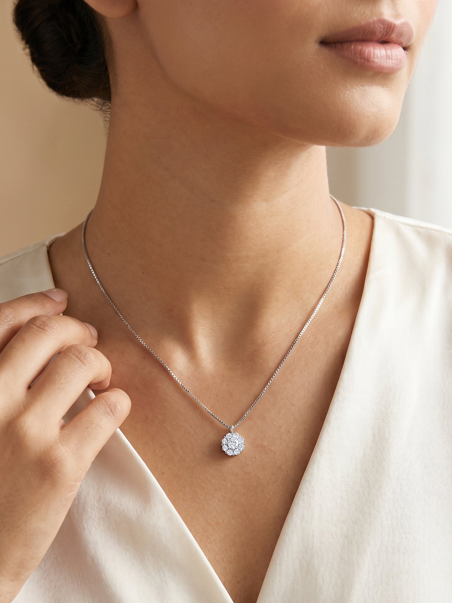 Silver Twofold Solitaire Pendant With Link Chain