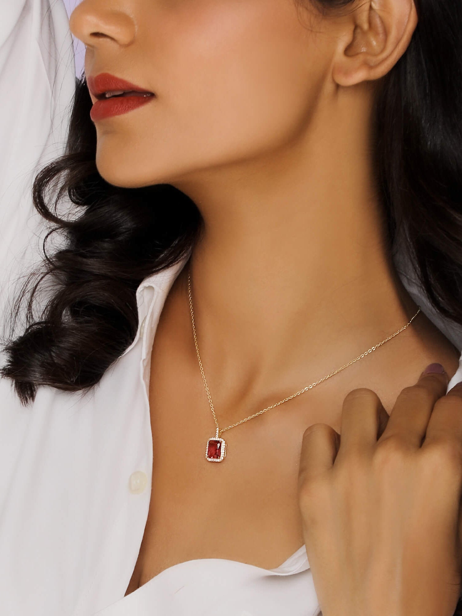 Golden Ruby Red Baguette Pendant with Link Chain
