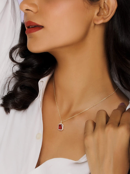 Golden Ruby Red Baguette Pendant with Link Chain
