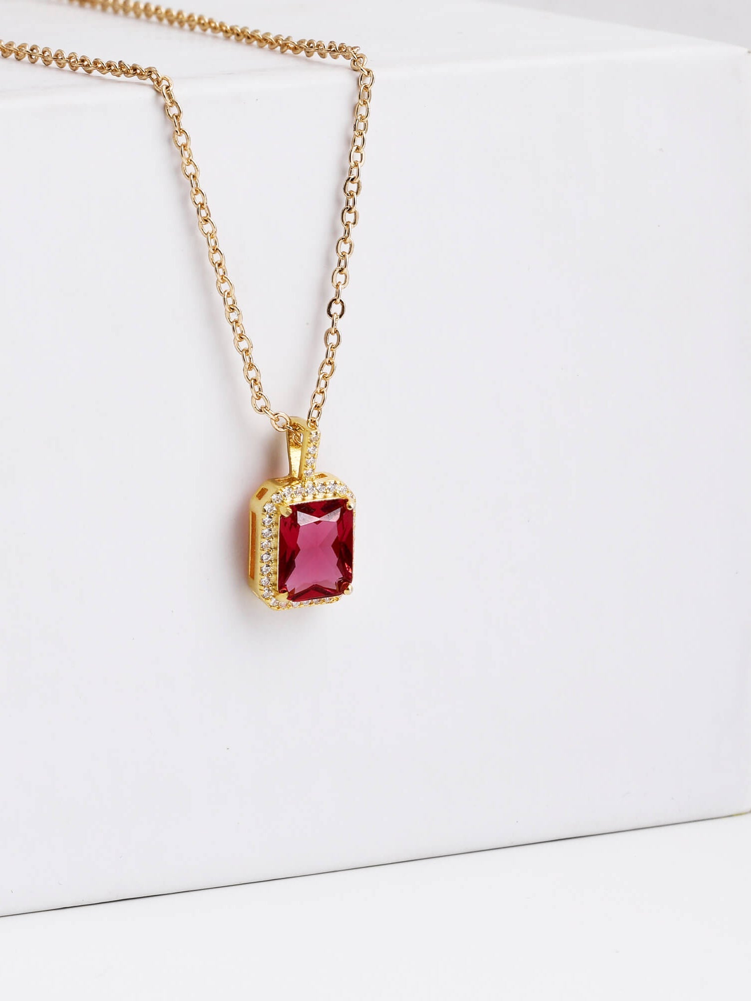 Golden Ruby Red Baguette Pendant with Link Chain