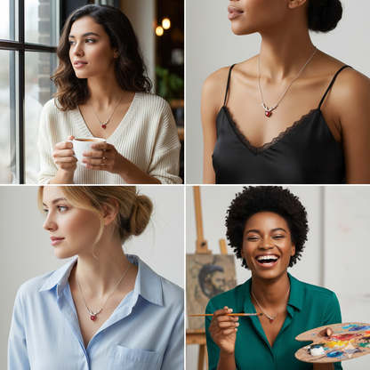 Silver Deer Heart in Red Necklace