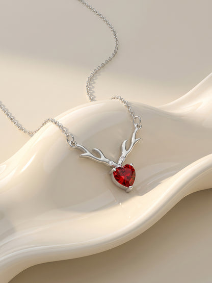 Silver Deer Heart in Red Necklace
