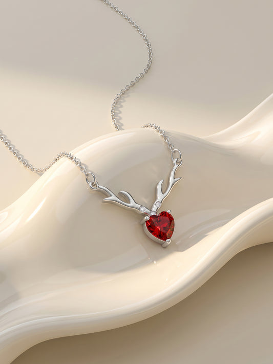 Silver Deer Heart in Red Necklace