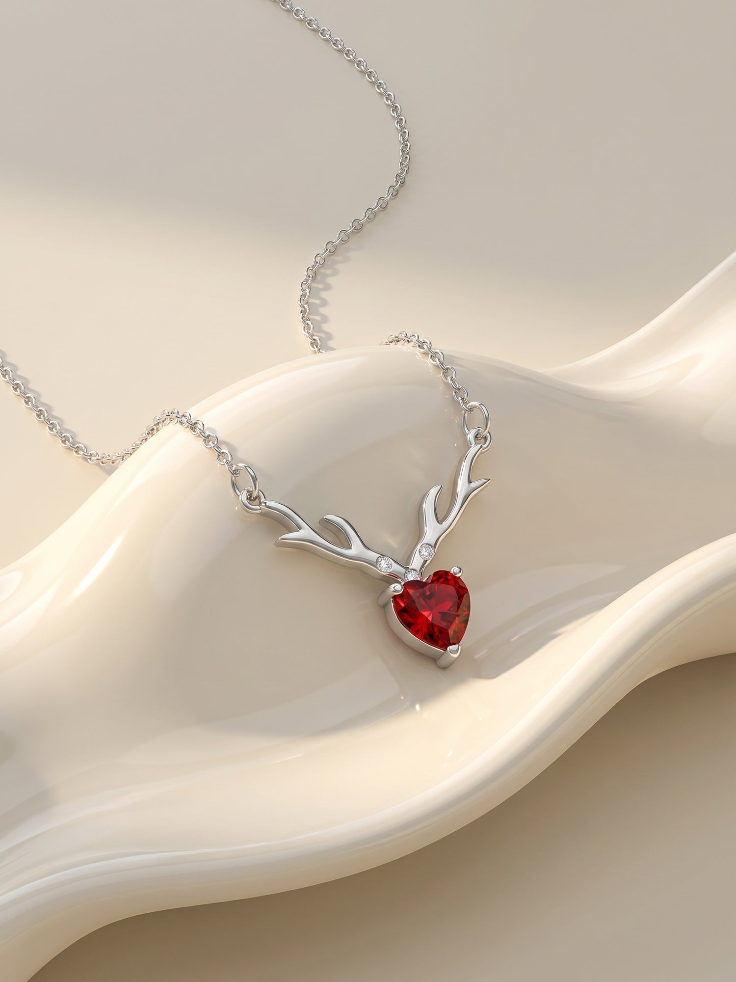 Silver Deer Heart in Red Necklace