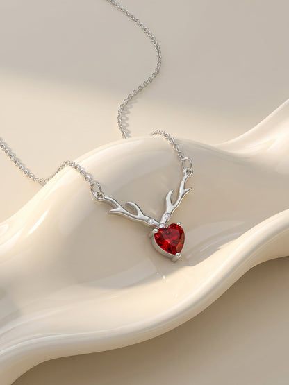 Silver Deer Heart in Red Necklace
