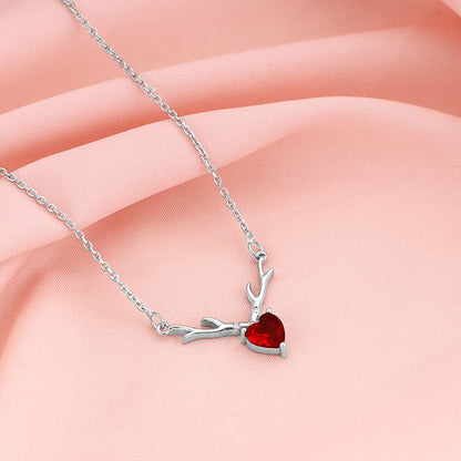 Silver Deer Heart in Red Necklace