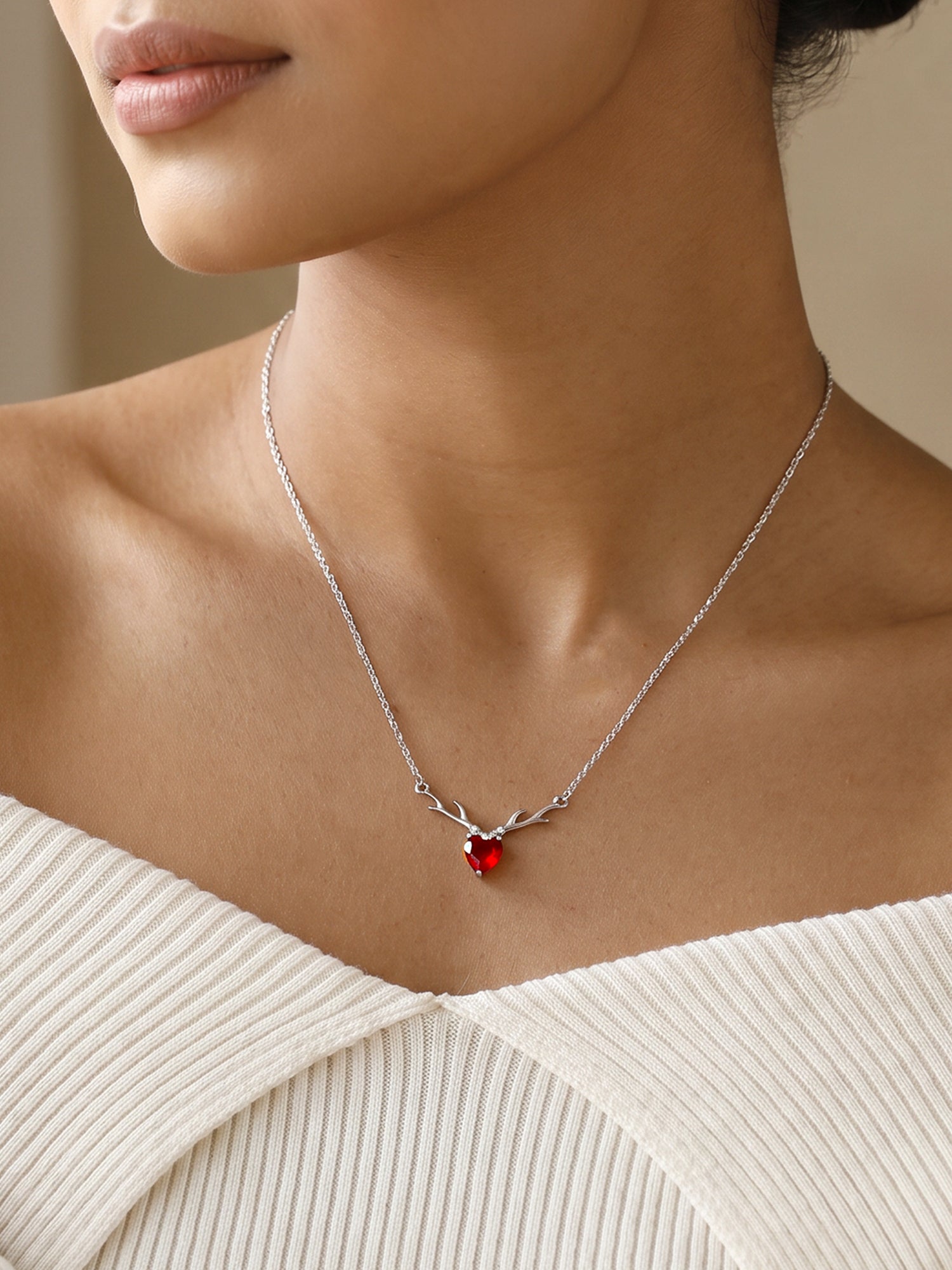 Silver Deer Heart in Red Necklace