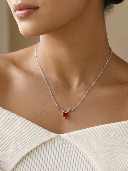 Silver Deer Heart in Red Necklace