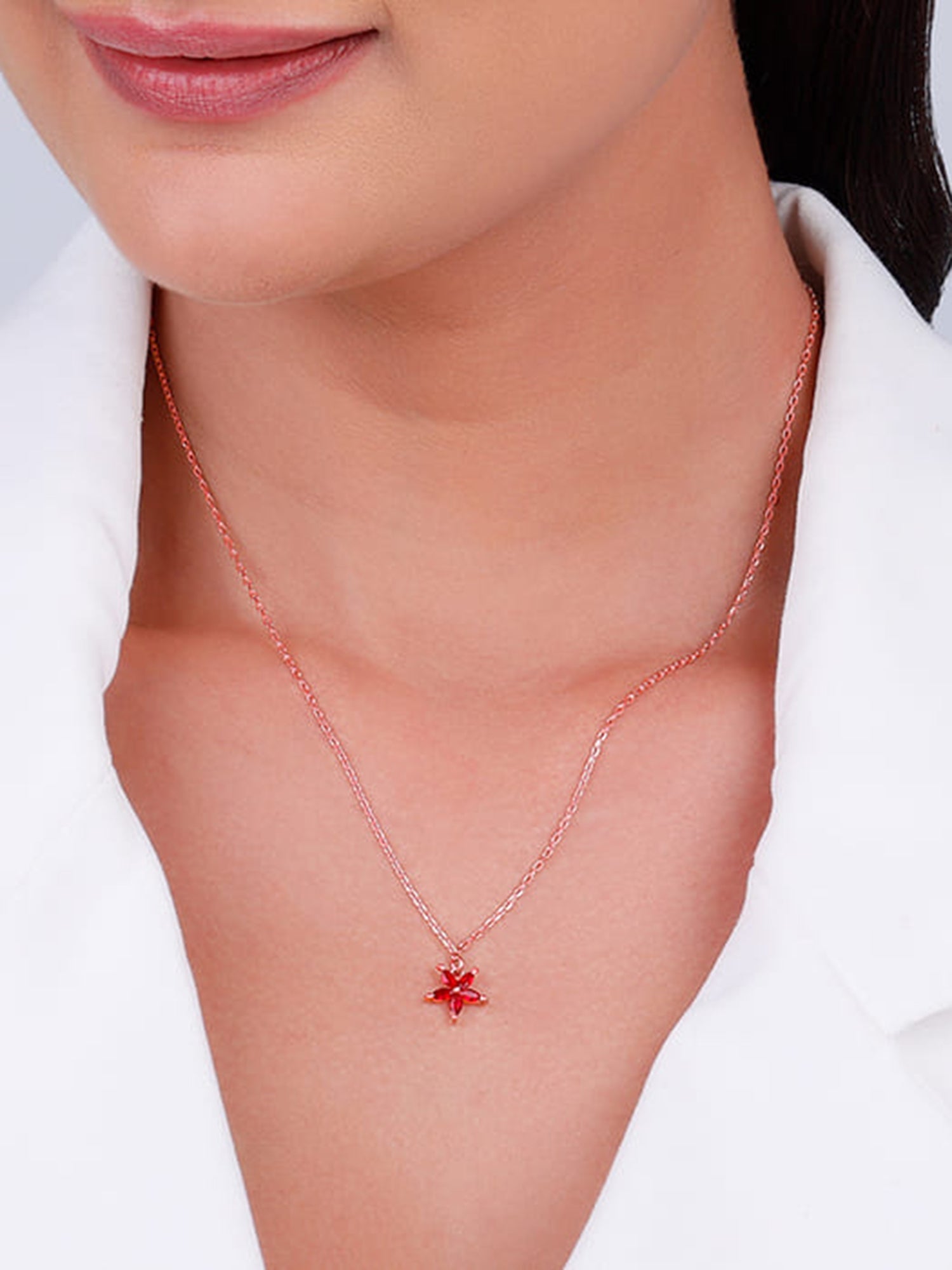 Rose Gold Floral Red Pendant with Link Chain