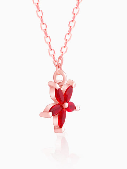 Rose Gold Floral Red Pendant with Link Chain