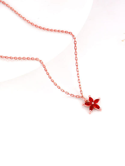 Rose Gold Floral Red Pendant with Link Chain