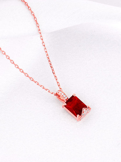 Rose Gold Red Baguette Pendant with Link  Chain