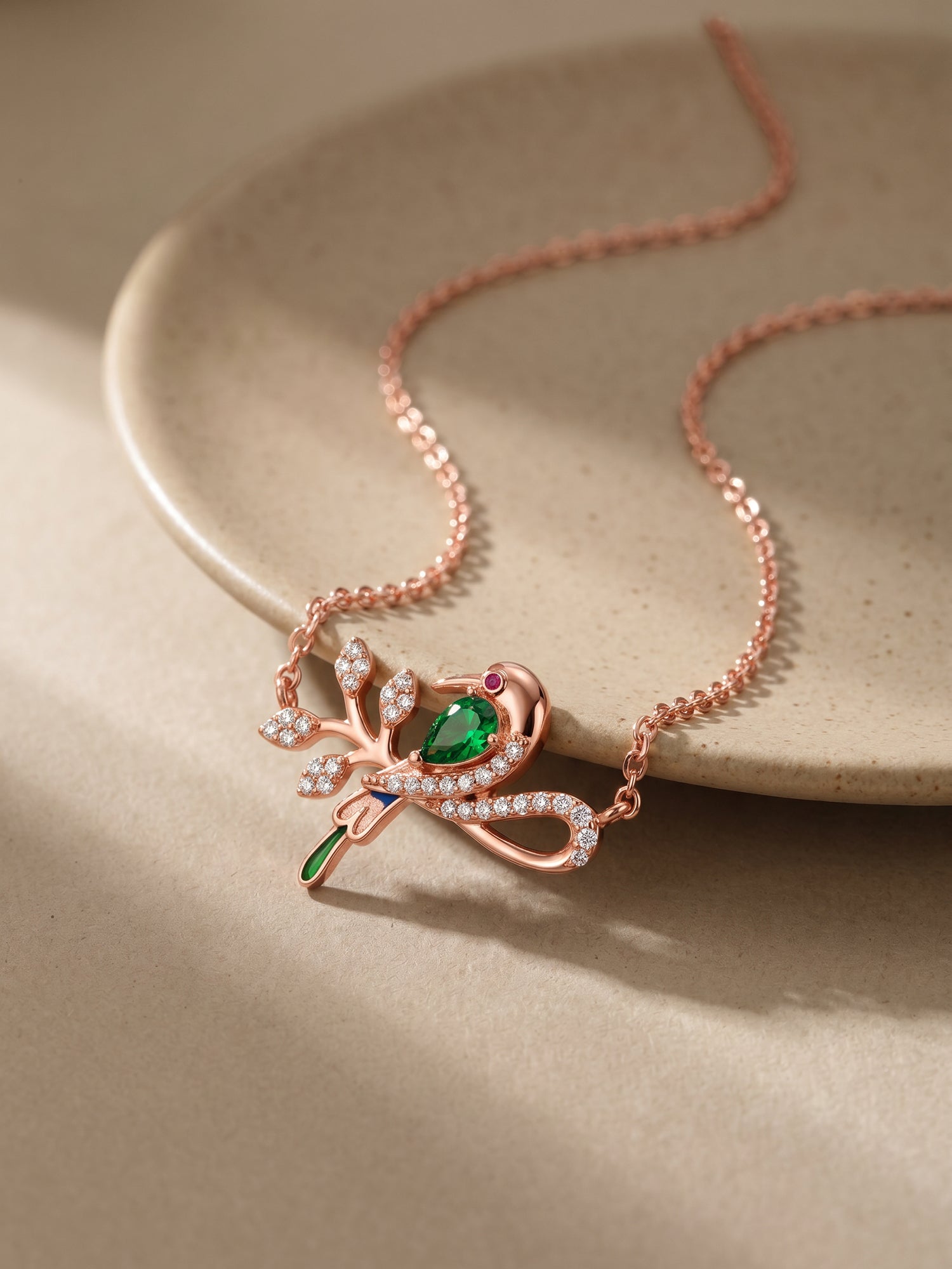 Rose Gold Woody Bird Necklace