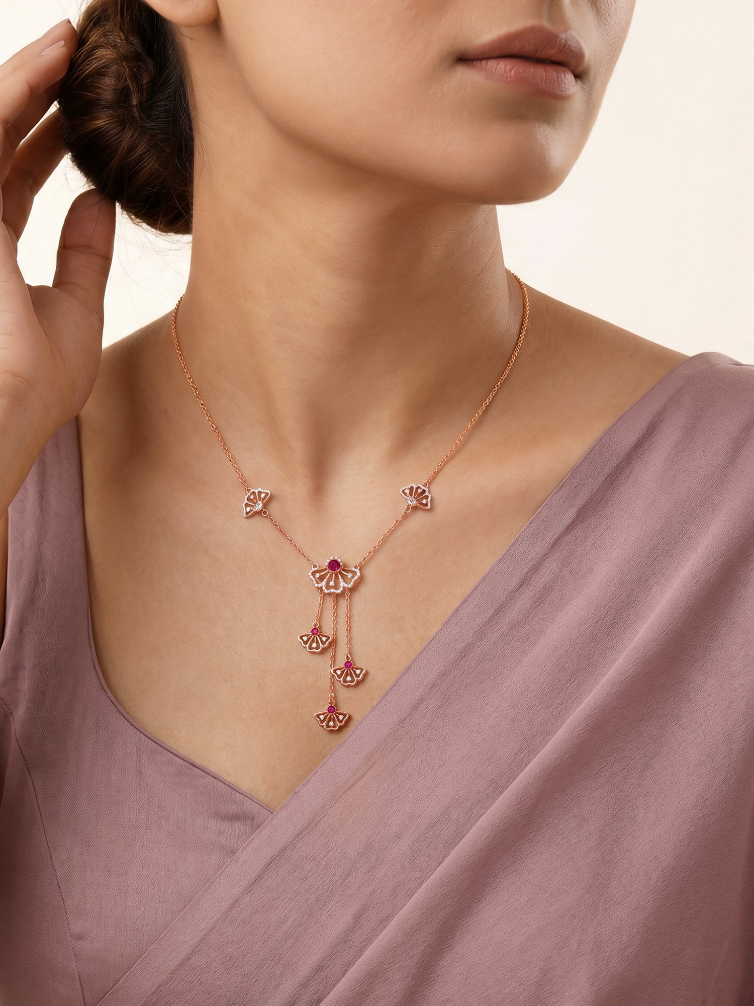 Rose Gold Brilliant Red Eyebright Trio Necklace