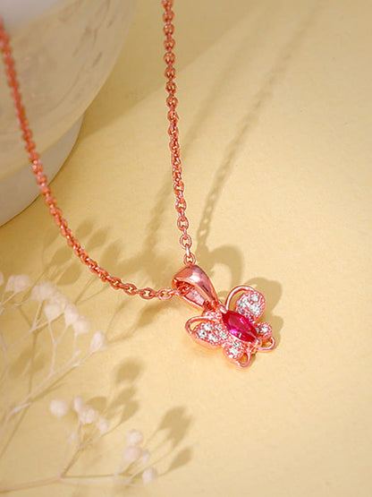 Rose Gold Pop Pink Studded Butterfly Pendant With Link Chain