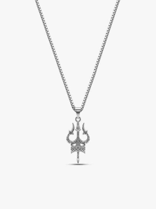 Silver Trishula Pendant with Box Chain For Him