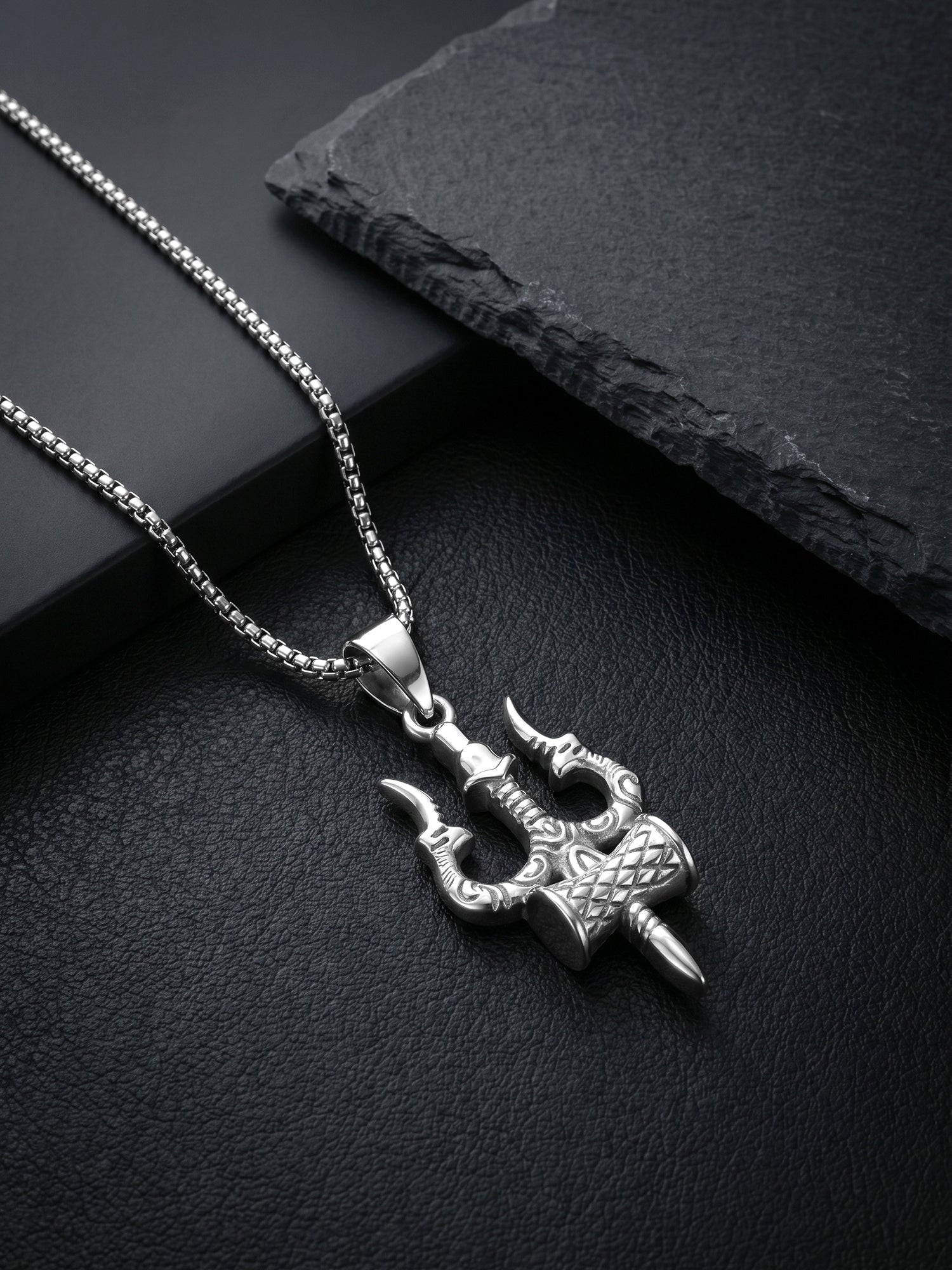 Silver Trishula Pendant with Box Chain For Him