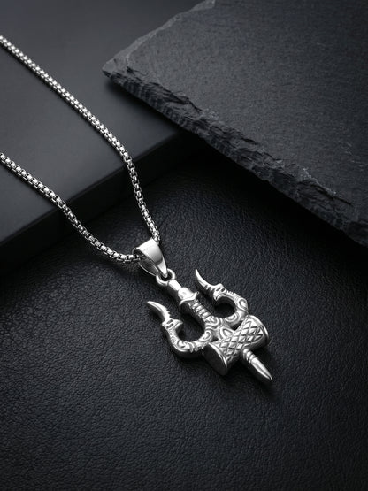 Silver Trishula Pendant with Box Chain For Him