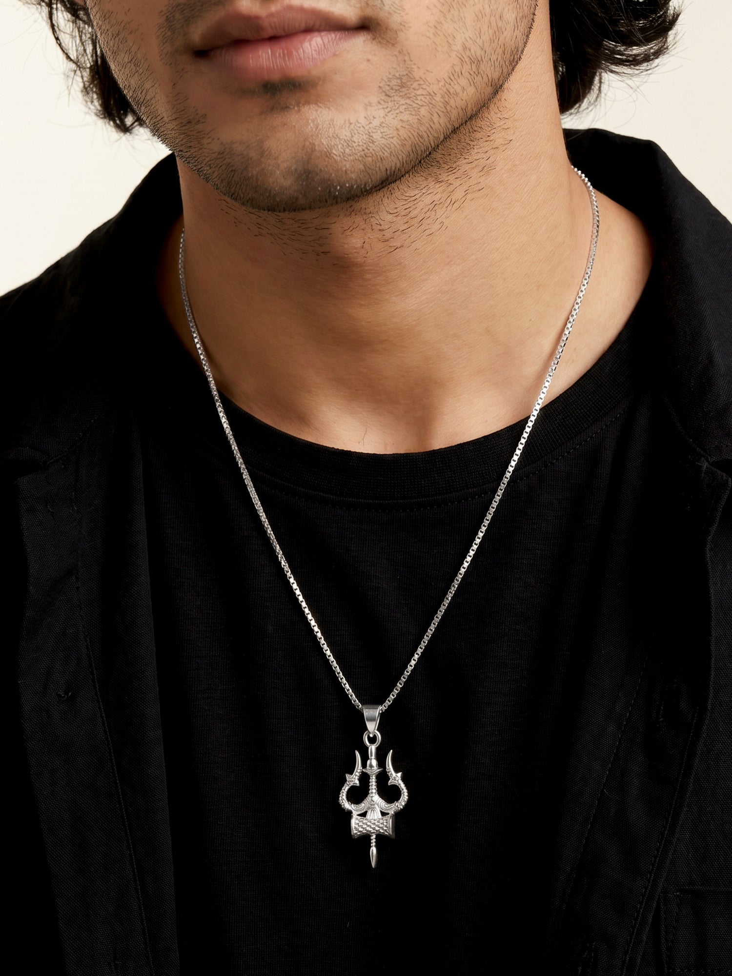 Silver Trishula Pendant with Box Chain For Him