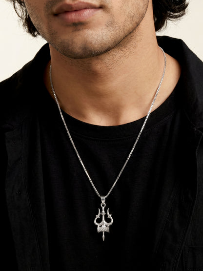 Silver Trishula Pendant with Box Chain For Him