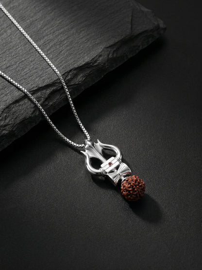 Silver Trishul Rudraksha Pendant With Box Chain For Him