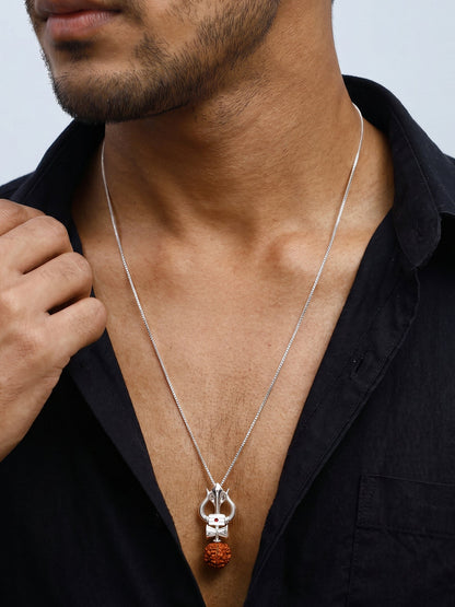 Silver Trishul Rudraksha Pendant With Box Chain For Him
